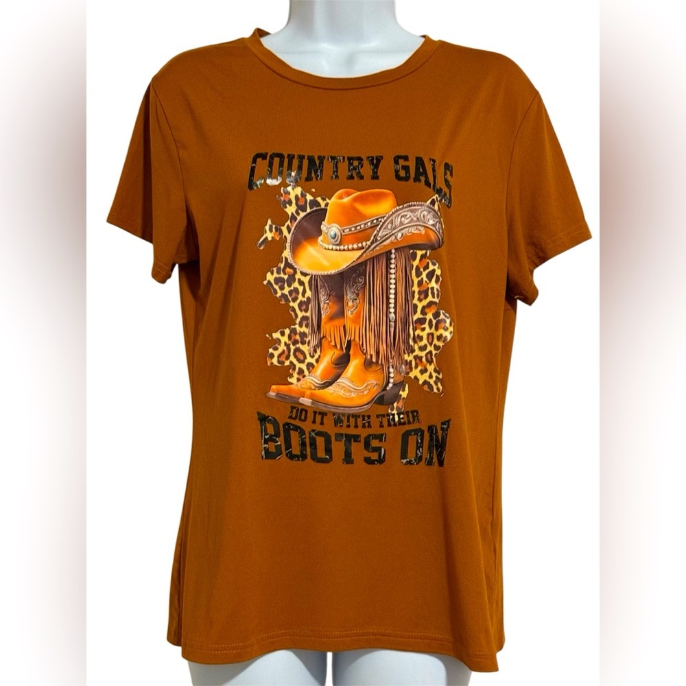 SHEIN Country-Themed Warm Brown T-Shirt COUNTRY WESTERN Sz L